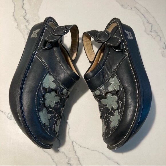 ALEGRIA Sz 36 PG Lite Slide Clog Slingback Black Teal/Gray Floral Cutout Sandals - Picture 12 of 12